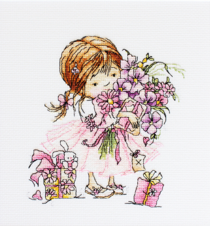 Broderie in cruciulita - Set de brodat in cruciulita, Fetita cu buchet, 13,5x14,5 cm
