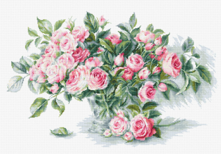 Broderie in cruciulita - Set de brodat in cruciulita, Buchet de trandafiri roz, 31x20 cm