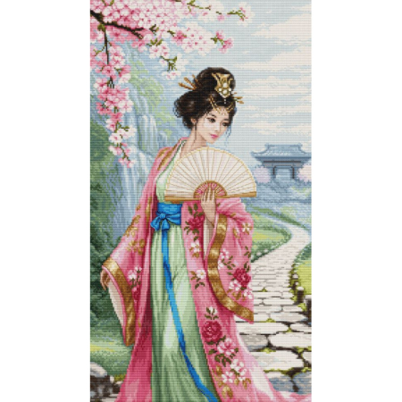 Broderie in cruciulita - Set broderie in cruciulita, cu diagrama, Cantecul florilor de cires, 25.5 x 46 cm