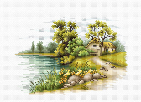Ac & Ata - Set de brodat in cruciulita, Peisaj cu lac, 20 x 14 cm
