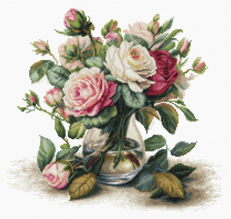 Broderie in cruciulita - Set de brodat in cruciulita, Vaza cu trandafiri, 31x30cm