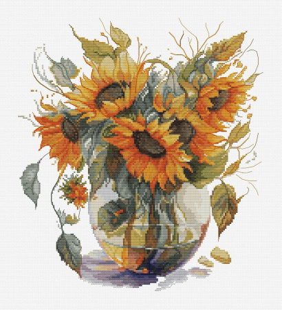 Ac & Ata - Set de brodat in cruciulita, Vaza cu floarea soarelui, 24 x 27 cm