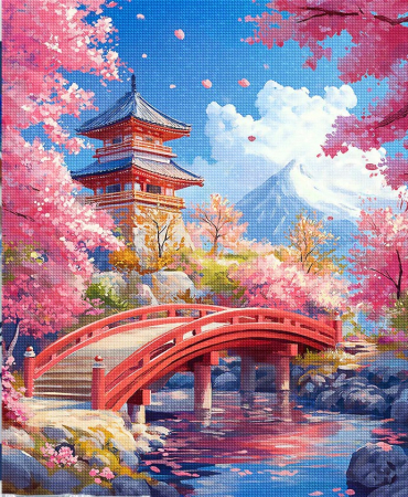 Diamante patrate - Set goblen cu diamante, cu sasiu, Pod rosu si ciresi infloriti, 40x50 cm