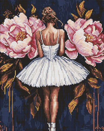 Goblenuri cu diamante cu sasiu - Set goblen cu diamantre, cu sasiu, Balerina cu bujori roz, 40x50 cm