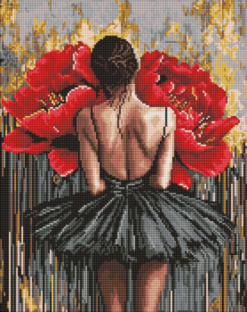Goblenuri cu diamante cu sasiu - Set goblen cu diamante, cu sasiu, Balerina cu bujori rosii, 40x50 cm
