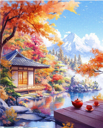 Goblenuri cu diamante - Set goblen cu diamante, cu sasiu, Casa ceaiului langa lac, 40x50 cm