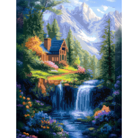 Goblenuri cu diamante cu sasiu - Set goblen cu diamante, cu sasiu, Casa langa cascada, 30x40 cm