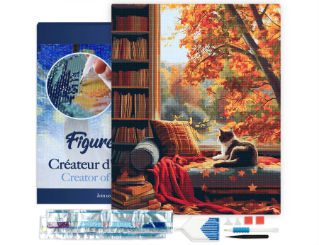 Set goblen cu diamante, cu sasiu, Pisica si toamna, 40x50 cm [1]