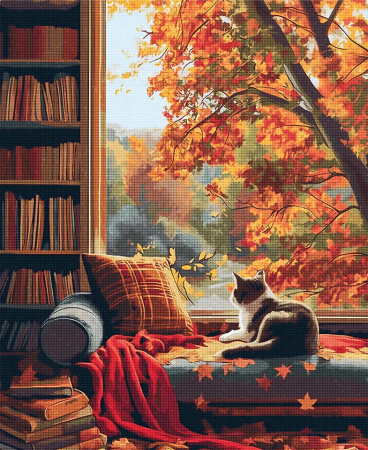 Goblenuri cu diamante - Set goblen cu diamante, cu sasiu, Pisica si toamna, 40x50 cm