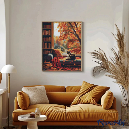 Set goblen cu diamante, cu sasiu, Pisica si toamna, 40x50 cm [2]