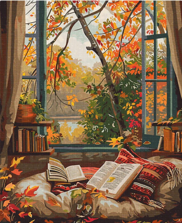 Goblenuri cu diamante - Set goblen cu diamante, cu sasiu, Citind toamna, 40x50 cm
