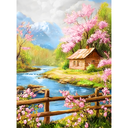 Goblenuri cu diamante cu sasiu - Set goblen cu diamante, cu sasiu, Primavara la munte, 30x40 cm