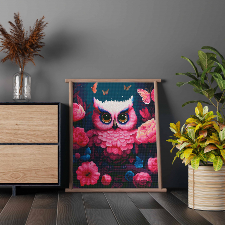 Set goblen cu diamante, cu sasiu, Bufnita cu flori roz, 40x50 cm [3]