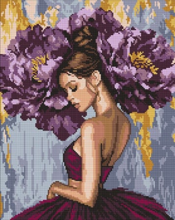 Goblenuri cu diamante cu sasiu - Set goblen cu diamante, cu sasiu, Balerina cu bujori violeti, 40x50 cm