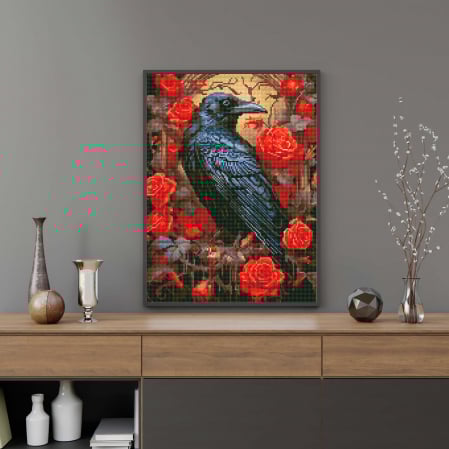 Set goblen cu diamante, cu sasiu, Corb si trandafiri, 40x50 cm [4]