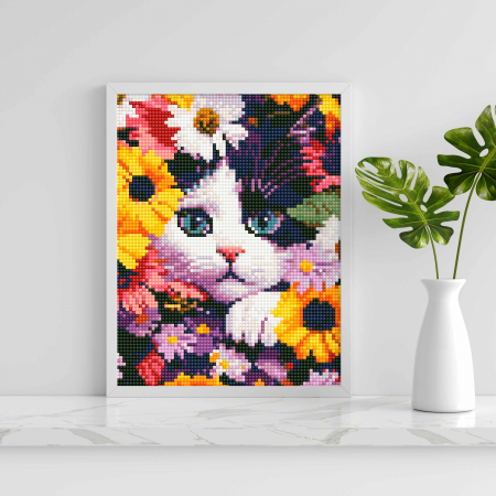 Set goblen cu diamante, cu sasiu, Pisoi in flori, 20x30 cm [3]
