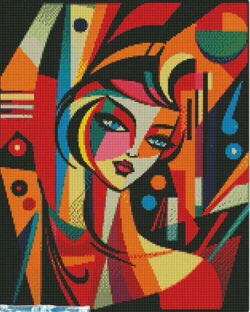 Diamante patrate - Set goblen cu diamante, cu sasiu, Portret abstract in stil Picasso, 40x50 cm