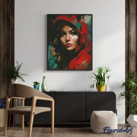 Set goblen cu diamante, cu sasiu, Femeie cu fular rosu, 40x50 cm [2]