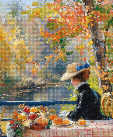 Goblenuri cu diamante - Set goblen cu diamante, cu sasiu, Femeie si toamna, inspiratie Renoir, 40x50 cm