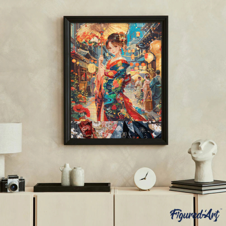 Set goblen cu diamante, cu sasiu, Tanara in chimono la festivalul lanternelor, 40x50 cm [2]