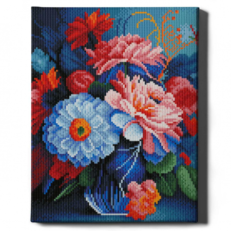 Set goblen cu diamante, cu sasiu, Flori in vaza, 30x40 cm