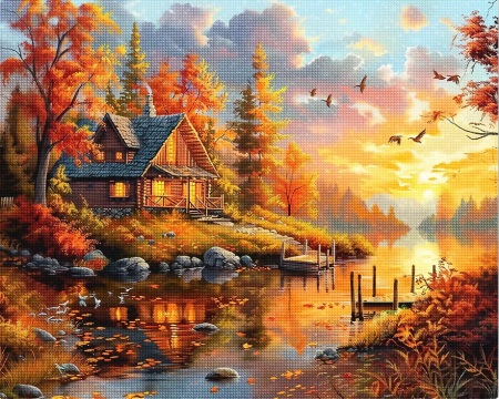 Goblenuri cu diamante - Set goblen cu diamante, cu sasiu, Apus de soare la cabana, 40x50 cm