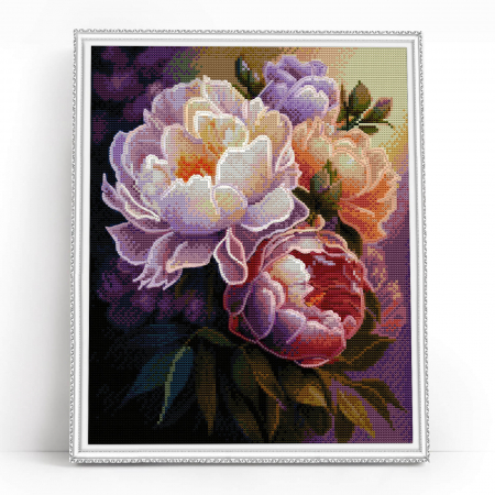 Set goblen cu diamante, cu sasiu, Bujori in floare, 40x50 cm [1]