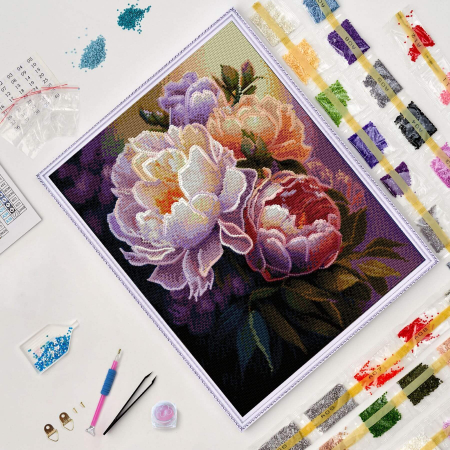 Set goblen cu diamante, cu sasiu, Bujori in floare, 40x50 cm [2]