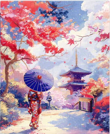 Goblenuri cu diamante - Set goblen cu diamante, cu sasiu, Gradina japoneza toamna, 40x50 cm