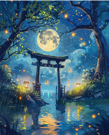 Goblenuri cu diamante - Set goblen cu diamante, cu sasiu, Torii sub clar de luna si licurici, 40x50 cm