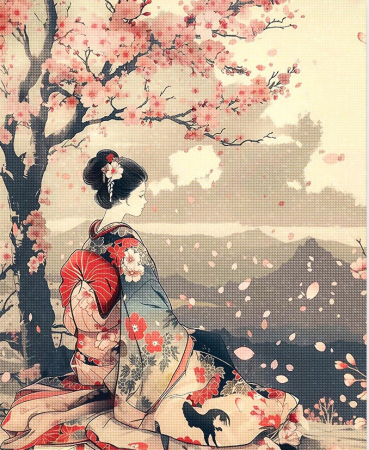 Goblenuri cu diamante - Set goblen cu diamante, cu sasiu, Gheisa si sakura, 40x50 cm