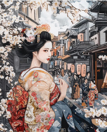 Goblenuri cu diamante - Set goblen cu diamante, cu sasiu, Gheisa pe strada medievala, 40x50 cm