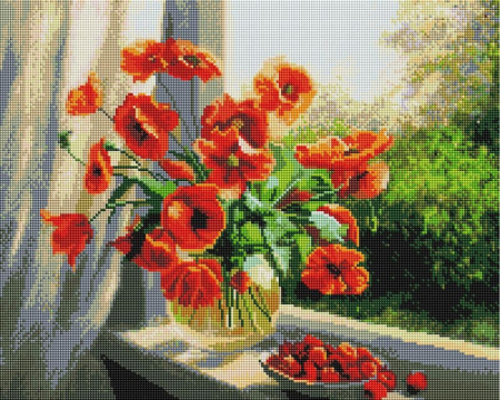 Set goblen cu diamante, cu sasiu, Maci si zmeura, 40x50 cm