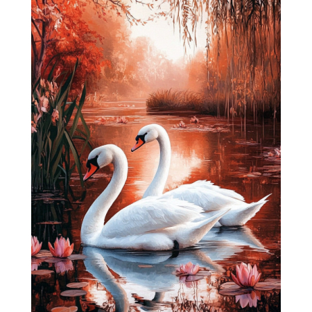 Goblenuri cu diamante - Set goblen cu diamante, cu sasiu, Cuplu de lebede, 30x40 cm