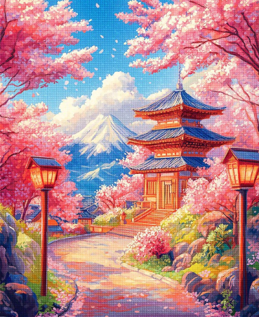Goblenuri cu diamante - Set goblen cu diamante, cu sasiu, Drum de cirese si flori spre pagoda, 40x50 cm
