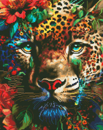 Goblenuri cu diamante cu sasiu - Set goblen cu diamante , cu sasiu, Jaguar in flori, 40x50 cm