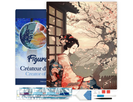 Set goblen cu diamante, cu sasiu, Femeie in chimono si sakura, 40x50 cm [2]