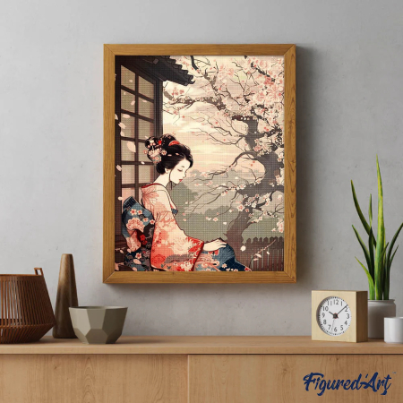Set goblen cu diamante, cu sasiu, Femeie in chimono si sakura, 40x50 cm [1]