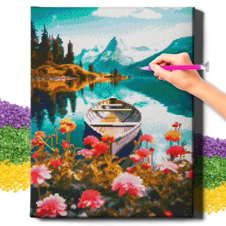 Set goblen cu diamante , cu sasiu, Lac inflorit, 40x50 cm [1]