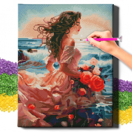 Set goblen cu diamante, cu sasiu, Flori si valuri, 40x50 cm [1]