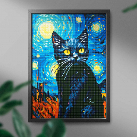Set goblen cu diamante, cu sasiu, Pisica neagra si stelele, 40x50 cm [2]