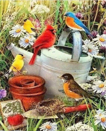 Goblenuri cu diamante - Set goblen cu diamante, cu sasiu, Pasari in gradina, 40x50 cm