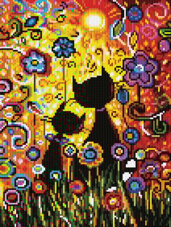 Goblenuri cu diamante - Set goblen cu diamante, cu sasiu, Pisici si flori, 30x40 cm
