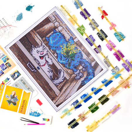 Set goblen cu diamante, cu sasiu, Pisici - Surpriza, 40x50 cm [1]