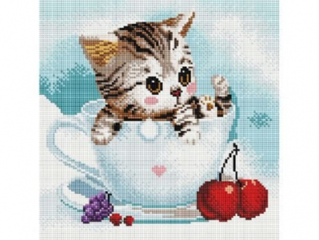 Set goblen cu diamante, cu sasiu, Pisicuta si cirese, 30x30cm [0]