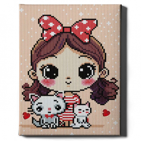 Diamante rotunde - Set goblen cu diamante, cu sasiu, Fetita cu pisici, 20x30 cm