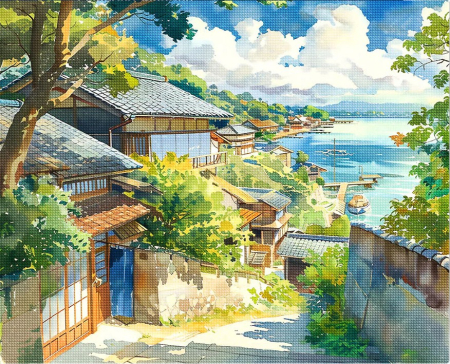 Goblenuri cu diamante - Set goblen cu diamante, cu sasiu, Oras de coasta in Japonia, 40x50 cm