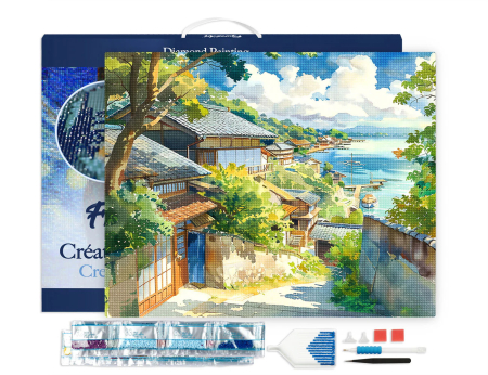 Set goblen cu diamante, cu sasiu, Oras de coasta in Japonia, 40x50 cm [1]