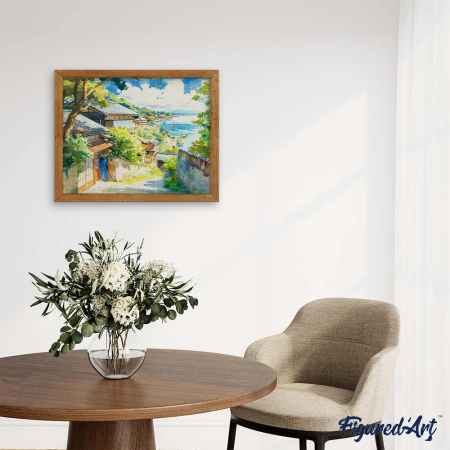 Set goblen cu diamante, cu sasiu, Oras de coasta in Japonia, 40x50 cm [2]