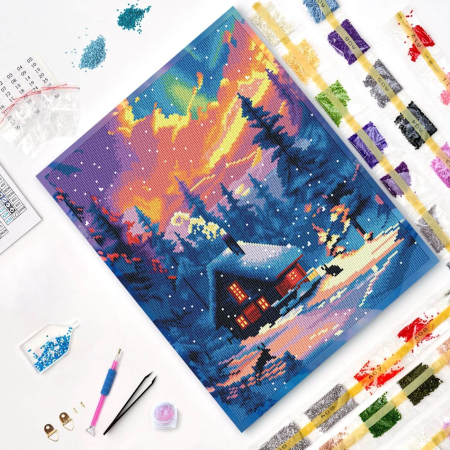 Set goblen cu diamante, cu sasiu, Cabana iarna, 40x50 cm [2]